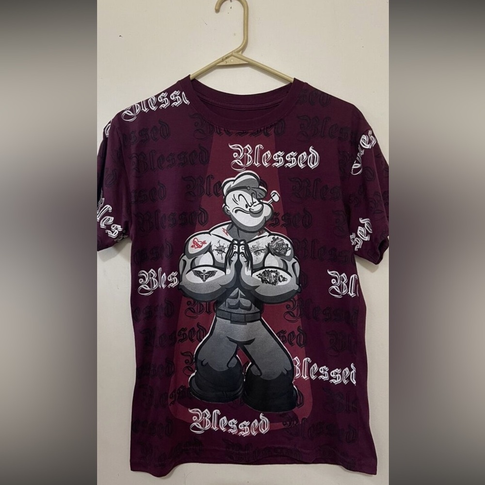Popeye T-Shirt Large Blessed All Over Sleeve Print Maroon Pray Tattoos